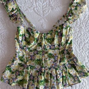 Astr The Label Floral Ruffle Sleeve Blouse - Green and Purple